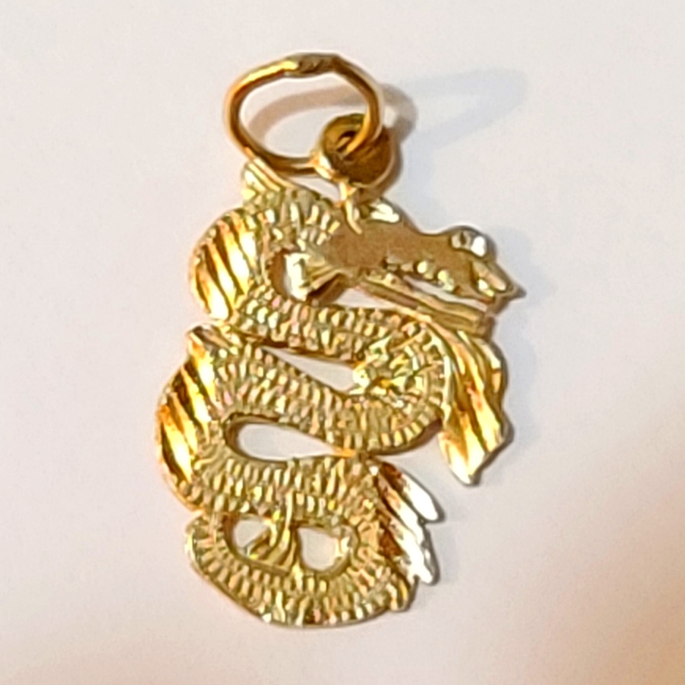 Solid 14k Yellow Gold Diamond Cut Dragon Pendant